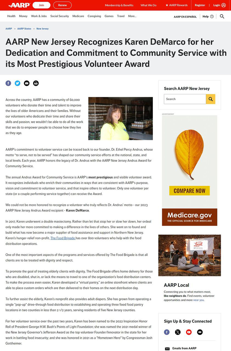 article about Food Brigade President Karen DeMarco winning the AARP Arbus Award for Community Service